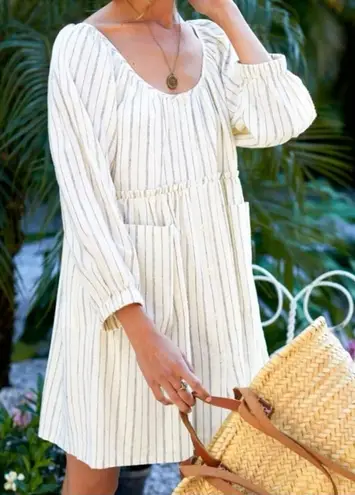 EMERSON FRY Jasmine Button Down Dress, Ivory Hemp Stripe Organic, Large Blue