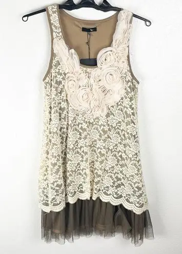 Ryu Brown Cream Crochet Tiered Lace Floral Sleeveless Lined Dress, Size Medium