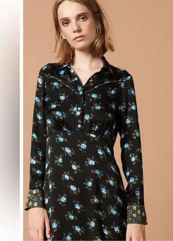 Sandro Paris Black Floral Button-Front Satin Dress- Size 38 (US 6) 100% Viscose