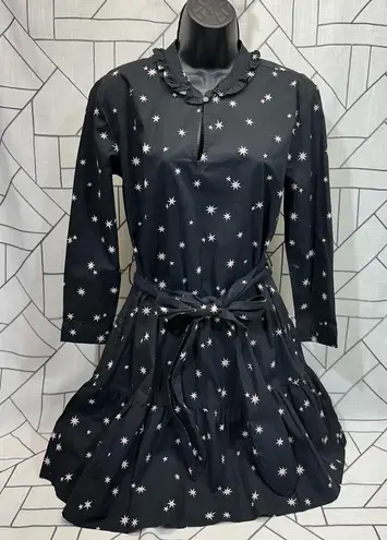 Free Assembly Belted Tiered Dress Pockets Long Sleeve Star Print Black Small