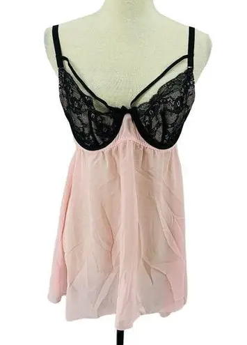 Cacique Sheer Ballerina Pink Black Lace Babydoll Lingerie Womens 14/16