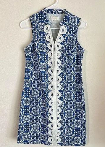 Mud Pie  'Mia' Sleeveless Crochet V Neck Shift Dress Size Small Blue China