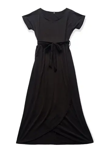🔃Black Short Sleeve Front Split Midi Dress Black Size XS