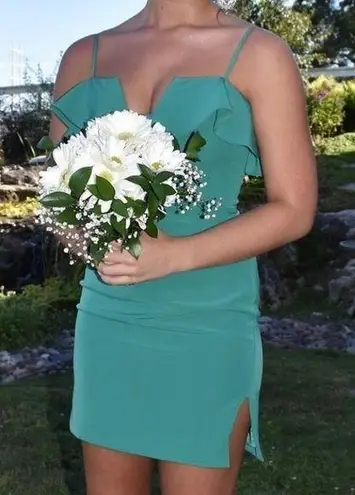 Neiman Marcus Green Mini Dress with Ruffle