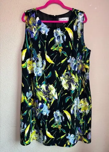 Jones Studio Black and Yellow Spring Floral Sleeveless Sheath Shift Dress 16W