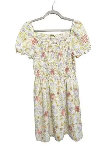 Loft  Puff Sleeve Smocked Dress Gingham Floral Print Multicolor Size Large