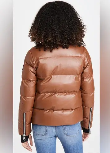 SAM. Isabel Vegan Down Puffer Jacket Faux Leather Stowaway Hood Saddle Brown S