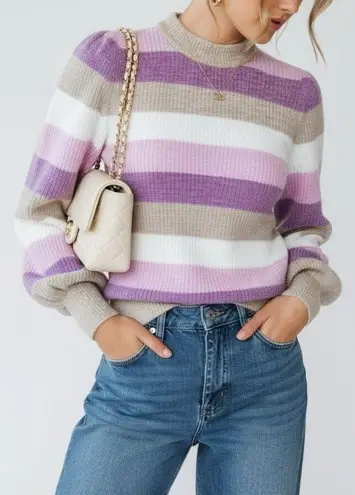 Ganni Balloon Sleeve Wool-Blend Striped Sweater, Violet Tulip, XS