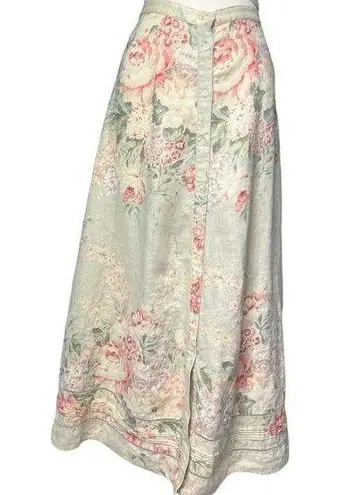 Ralph Lauren Lauren  Vintage 1990s Linen Maxi Skirt Cabbage Rose Laurel - size 8