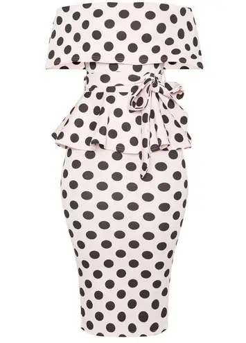 Pretty Little Thing  Light Pink Polka Dot Bardot Peplum Midi Bodycon Dress Sz 12