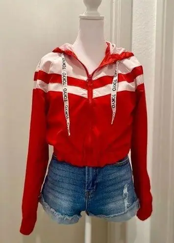 Cali 1850 Red Tokyo Drawstring Zip-Up Lightweight Crop Windbreaker Track Jacket
