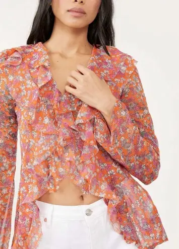 Free People  Nina long sleeve sheer chiffon floral ruffle top with raw edges