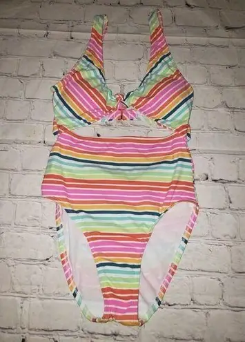 Decree Nwt  Women's Size XS Cut Out Multicolor 1pc Swimsuit Striped Front Tie $50