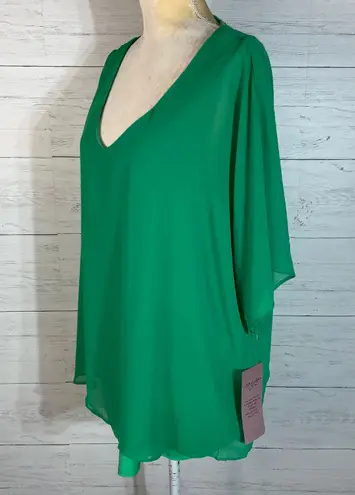 Nina Leonard V-Neck Chiffon Overlay Top Bright Green size 1X NWT
