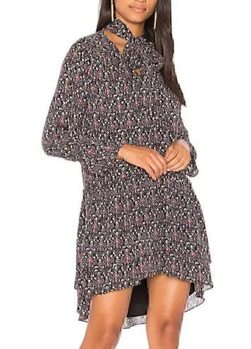 Joie Jamira Dress Black Blue Red Floral Tie Neck Bow Asym Ruffle SILK Mini