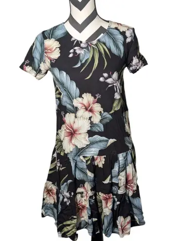 Aloha Hut Hawaii Black Tropical Hibiscus Floral Ruffle Mini Dress Small Rayon