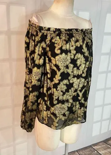 Hale Bob viola black gold metallic jacquard floral blouse size small