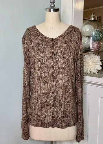 Talbots Herringbone Angora Cardigan Sweater Brown Tan Size XL