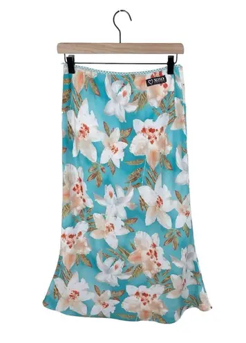 XOXO Vintage 90s Y2K  Jeans Satiny Turquoise Floral Print Flared Midi Slip Skirt