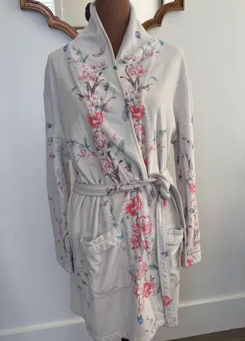Wrap Up by VP Floral Print Plush Spa Robe Women's Open Front Beige Made in USA Tan