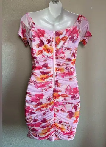 Privy Pink Floral Ruched Corset Mesh Overlay Bodycon Mini Dress L