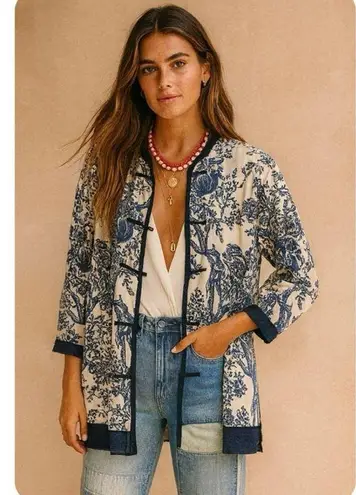 Soft Surroundings COTTON/LINEN BLEND MANDARIN COLLAR KIMONO TUNIC NAVY Medium