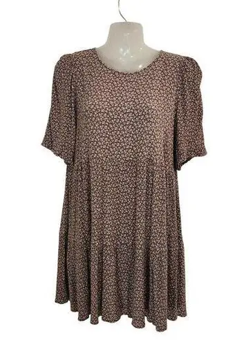 Be cool Short Sleeve Crinkle Floral Tiered Midi Shirt Dress Boho Brown Large