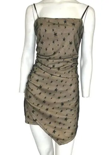 Storia  Star Print Mesh Ruched Mini Dress Black Beige Size Small NWT