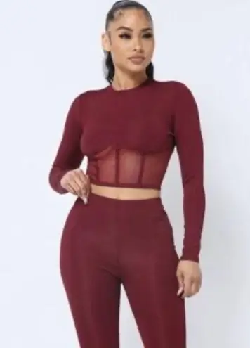 Love j  Set Leggings Top Sexy Stretch Ruched 2 Piece Matching Set Burgundy Medium