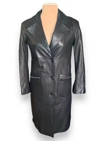 L’Univers Du Luxe Black Leather Longline Trench Coat Zipper Pockets Button Down Black