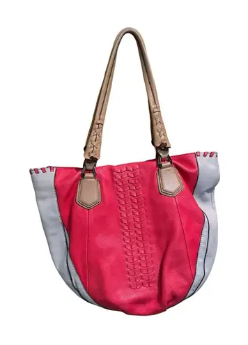 OrYANY Lyssie Large Pebbled Leather Colorblock Shoulder Bag Tote Red Gray - Image 1