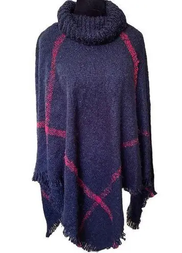 Lava Accessories One Size Asymmetric Raw Hem Turtle Neck Knit Plaid Poncho