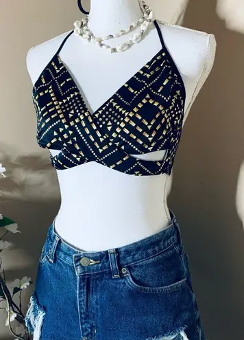 black & gold printed wrap cut out halter bikini top Black Size M