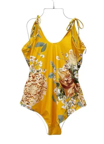 ALBION FIT The Natalie One Piece Swimsuit Size XXL Yellow Floral Shoulder Tie