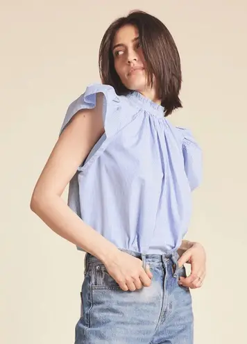 Trovata Small Carla Highneck Shirt in Blue White Stripe Flutter Sleeve Preppy