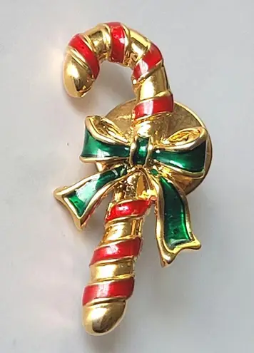 Avon Candy Cane Pin Lapel Gold Tone Red Green Enamel Christmas Bow Small