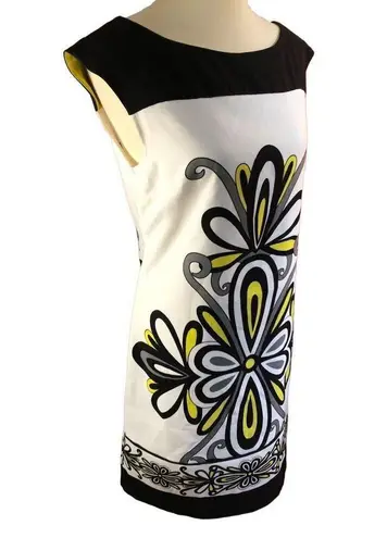 London Times  sleeveless shift dress yellow white and black geometric print size