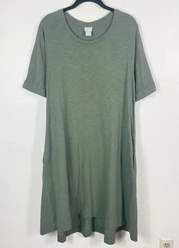 Chico's  Green Lightweight Slub Jersey Knit A Line Casual Seamed Tee Dress