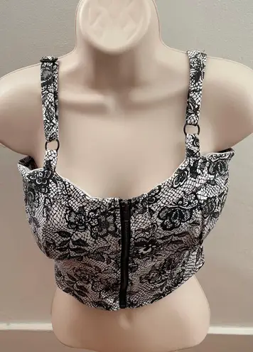 Zenana Outfitters The Arte by Black White Lace Zip Front Bustier Corset Crop Top, size S