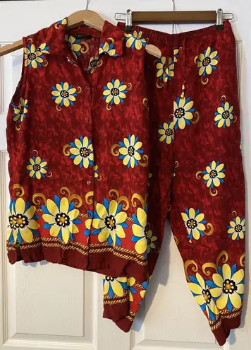 Magic Vintage red floral pajama set size Medium sleepwear sleeveless elastic waist