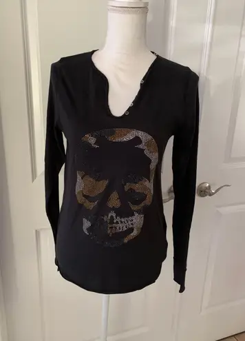 Zadig & Voltaire Women’s Tunisien Skull Strass Beaded Henley Black Cotton Top