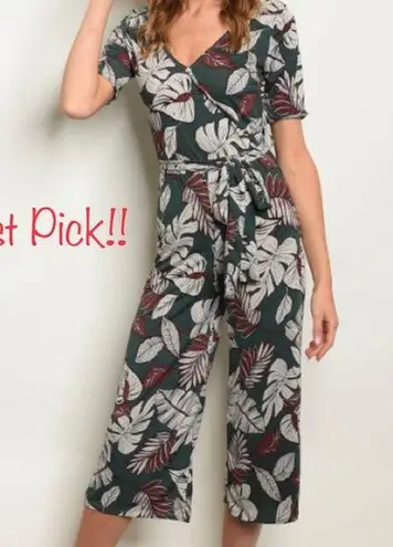 Sweet Claire Green Leaves Print Cropped Jumpsuit
