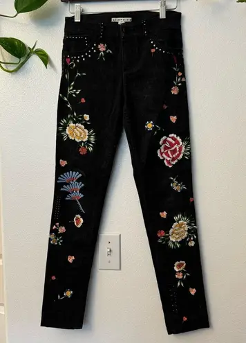 Alice + Olivia 
Jane Embroidered and Studded Skinny Jeans in Washed Black