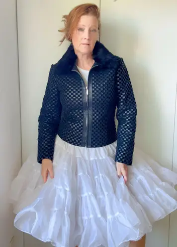 Vintage Y2K Cropped Leather Jacket Size Sm Black Woven Fur Collar Streetwear