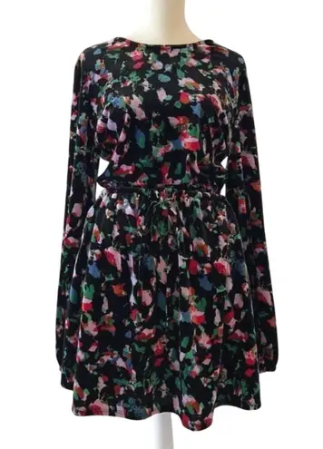 Open Edit Aqua Velvet Cutout Mini Dress Long Sleeve Black Multicolor Print Size Medium