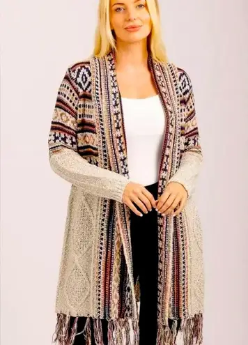 Adora Southwestern Aztec Open Front Long Fringed Cardigan Sweater S/M Blue Size M