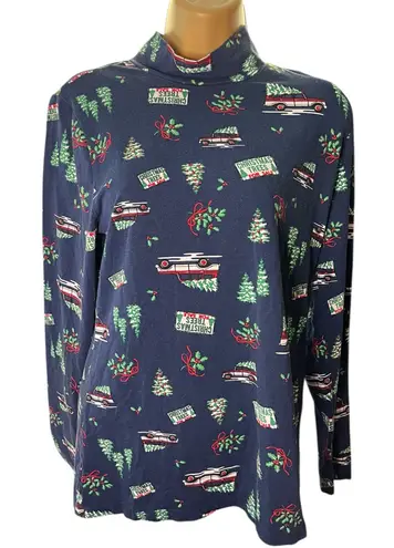 Time and Tru Mock Neck Long Sleeve Holiday Top Christmas Tree Farm Print Navy L Blue Size L