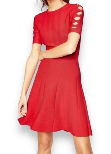 The Kooples Red Knit Fit and Flare Mini Dress Fancy Detail Sleeve Size Small NEW