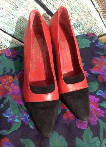 Charles Jourdan Paris France Red Black Leather Size 7 M Heels 👠 Red