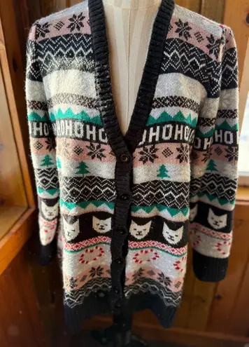 Absolutely Famous Women Ugly Christmas Sweater Cardigan Cat Snowflakes Ho HoHo L